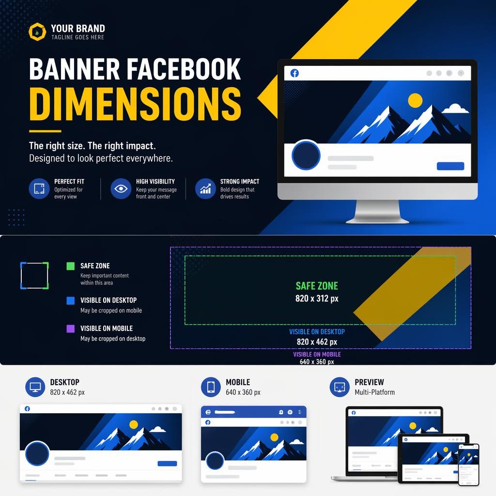 Professional Facebook cover banner illustration with bold high-contrast palette, centered brand placeholder text, and safe-zone layout