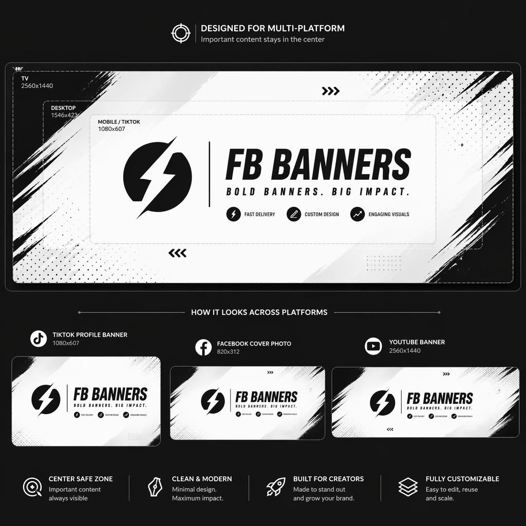 Minimal monochrome social cover banner with bold placeholder brand name, tagline layout, and centered safe-zone design.