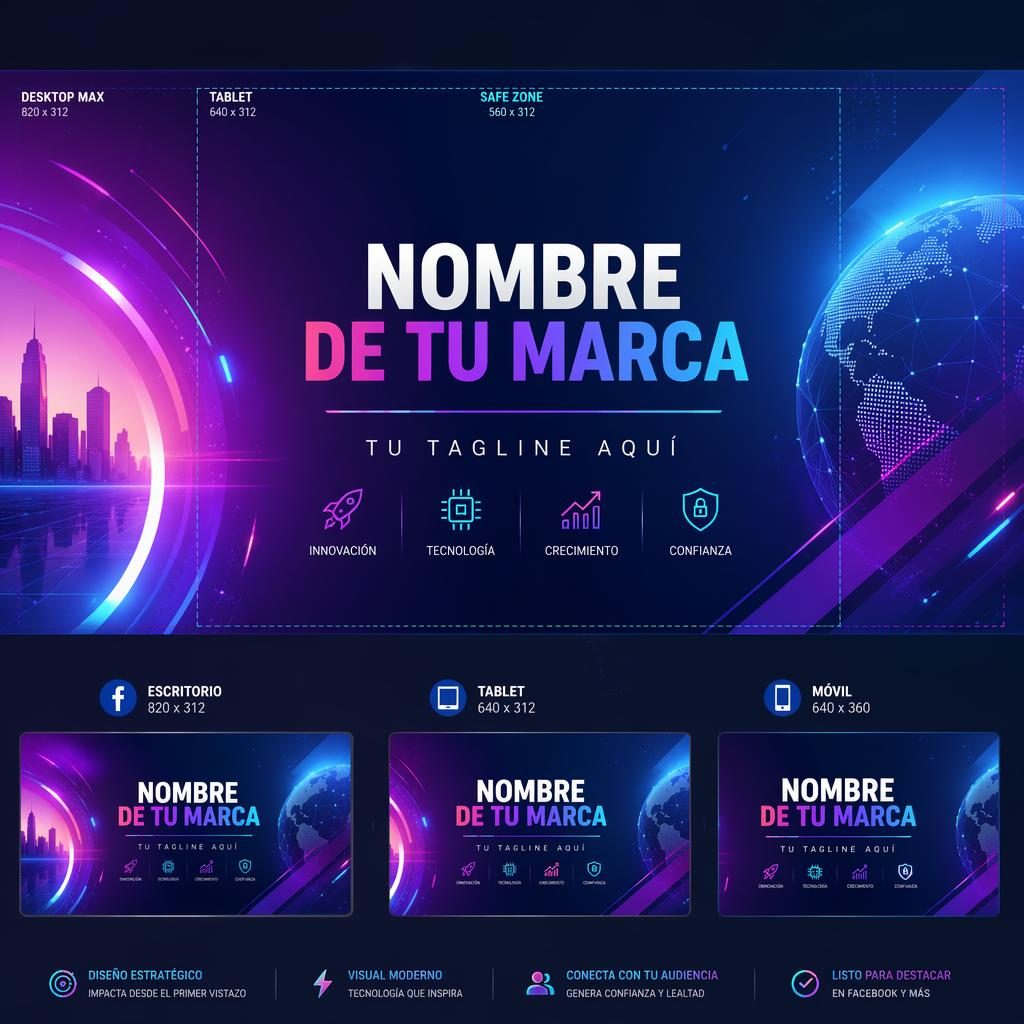 Banner horizontal para portada de Facebook con degradados vibrantes, diseño tech futurista y tipografía de marca centrada.