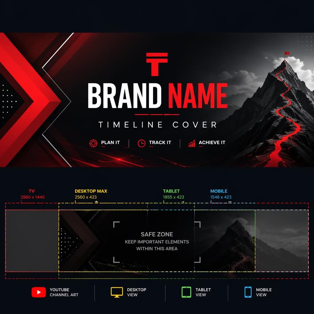 Illustrated multi-platform social cover banner with centered brand name and tagline, bold high-contrast colors, and safe-zone layout.