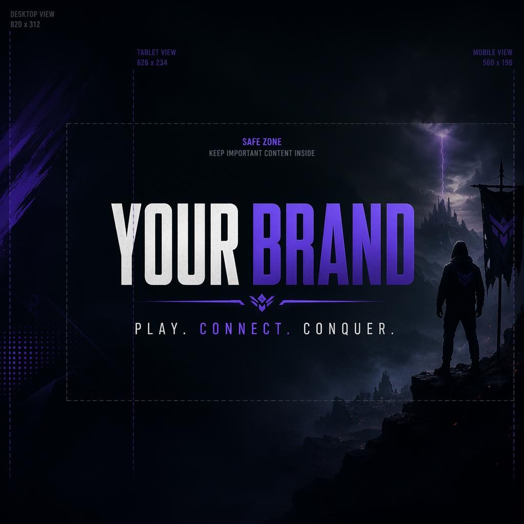 Dark moody social cover banner with centered placeholder brand name and tagline, designed for Twitch and Facebook event crops