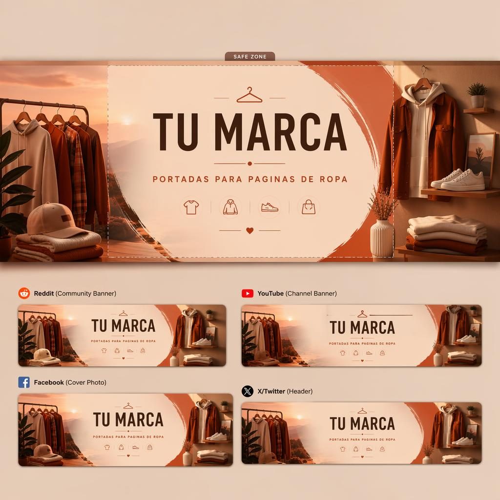 Banner ilustrado para redes de moda con paleta cálida de atardecer, tipografía de marca centrada y composición segura para recortes.