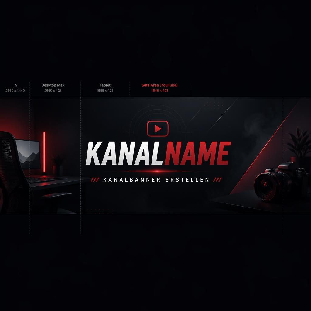 Dunkles YouTube-Kanalbanner mit zentrierter Platzhalter-Typografie, klarer Hierarchie und sicherer Safe-Zone