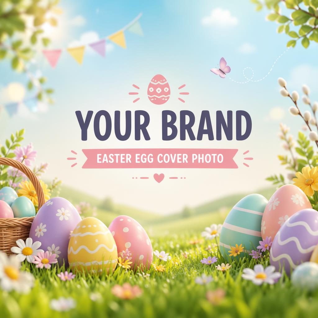 Pastel social cover banner with decorated Easter eggs, soft playful shapes, and centered placeholder brand name and tagline.