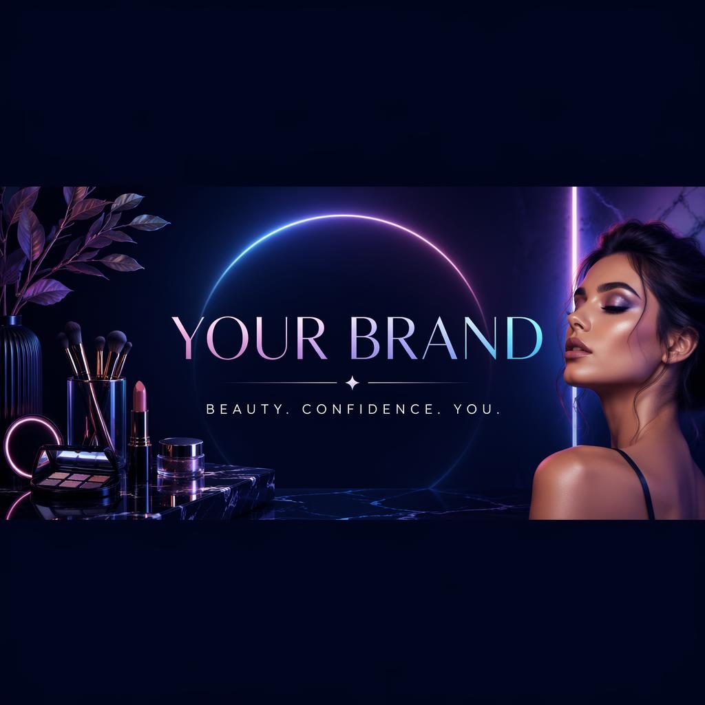 Illustrated beauty social cover banner with neon gradients, centered brand placeholder text, and a luxury cool-toned layout.