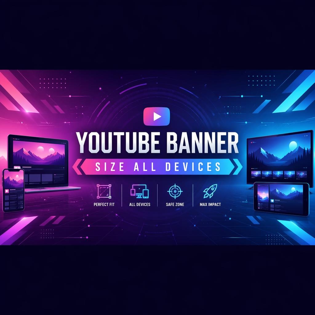 Futuristic social cover banner with vibrant gradients, centered placeholder brand name and tagline, optimized safe zone layout.