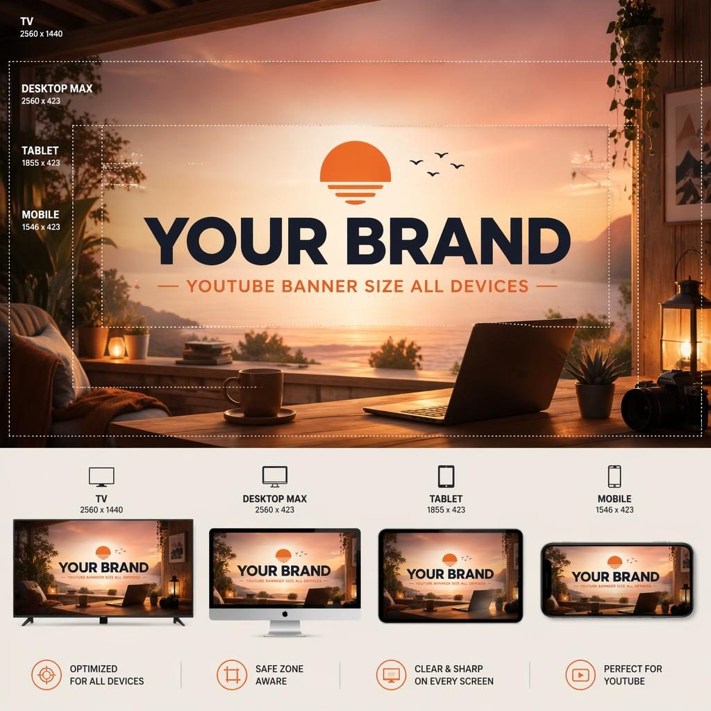 Warm sunset-toned 16:9 social cover banner with centered placeholder brand name and tagline, designed for safe zone crops.