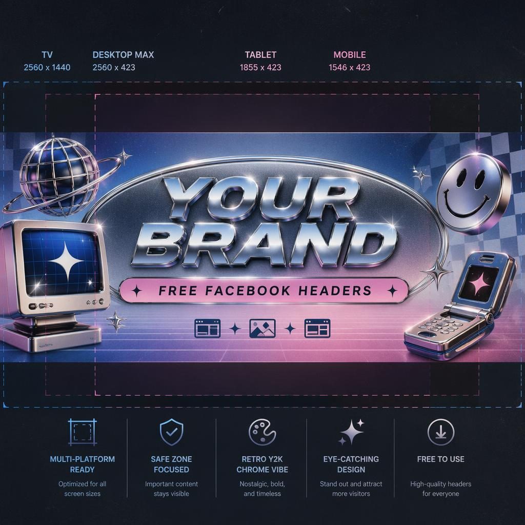 Vintage retro Y2K chrome social cover banner with centered placeholder brand typography and safe-zone layout for YouTube and Facebook