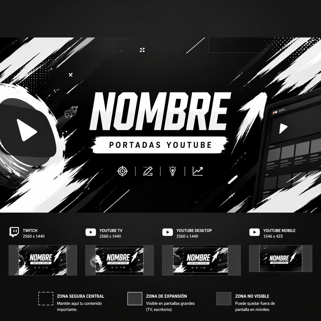 Banner horizontal monocromático para Twitch y YouTube con tipografía de marca de marcador, composición centrada y estilo minimalista energético.