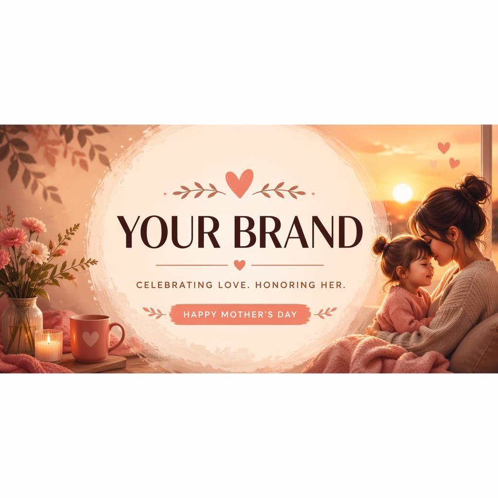 Warm cozy social cover banner with sunset tones, centered placeholder brand name and tagline, designed for safe multi-platform crops.