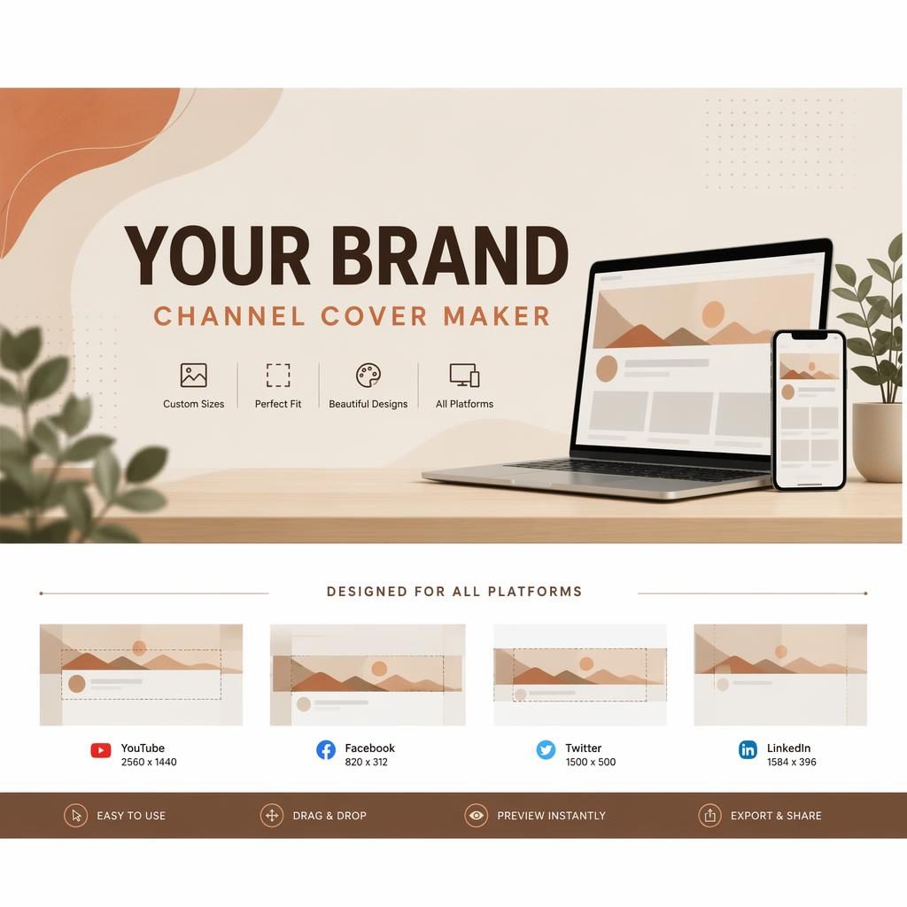 Minimalist 16:9 social cover banner in warm earth tones with centered placeholder brand text and safe-zone layout.