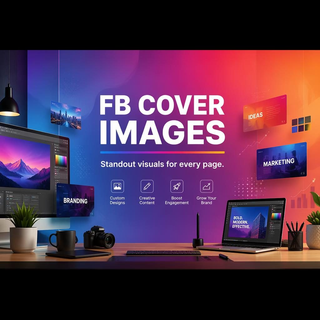 Photorealistic Facebook cover banner showing a modern creative studio, layered screens, abstract marketing visuals, and gradient background