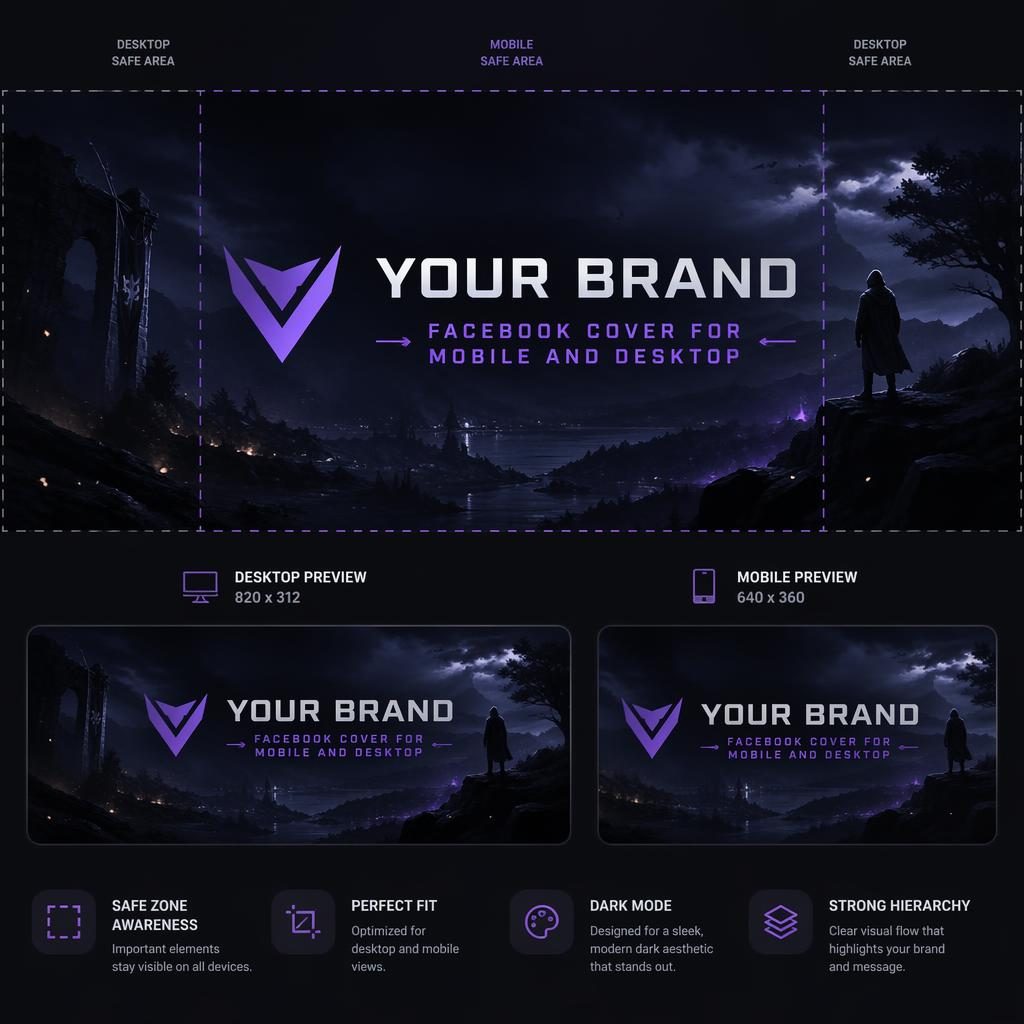 Dark moody multi-platform social cover banner with centered placeholder brand name, tagline, and safe-zone layout.