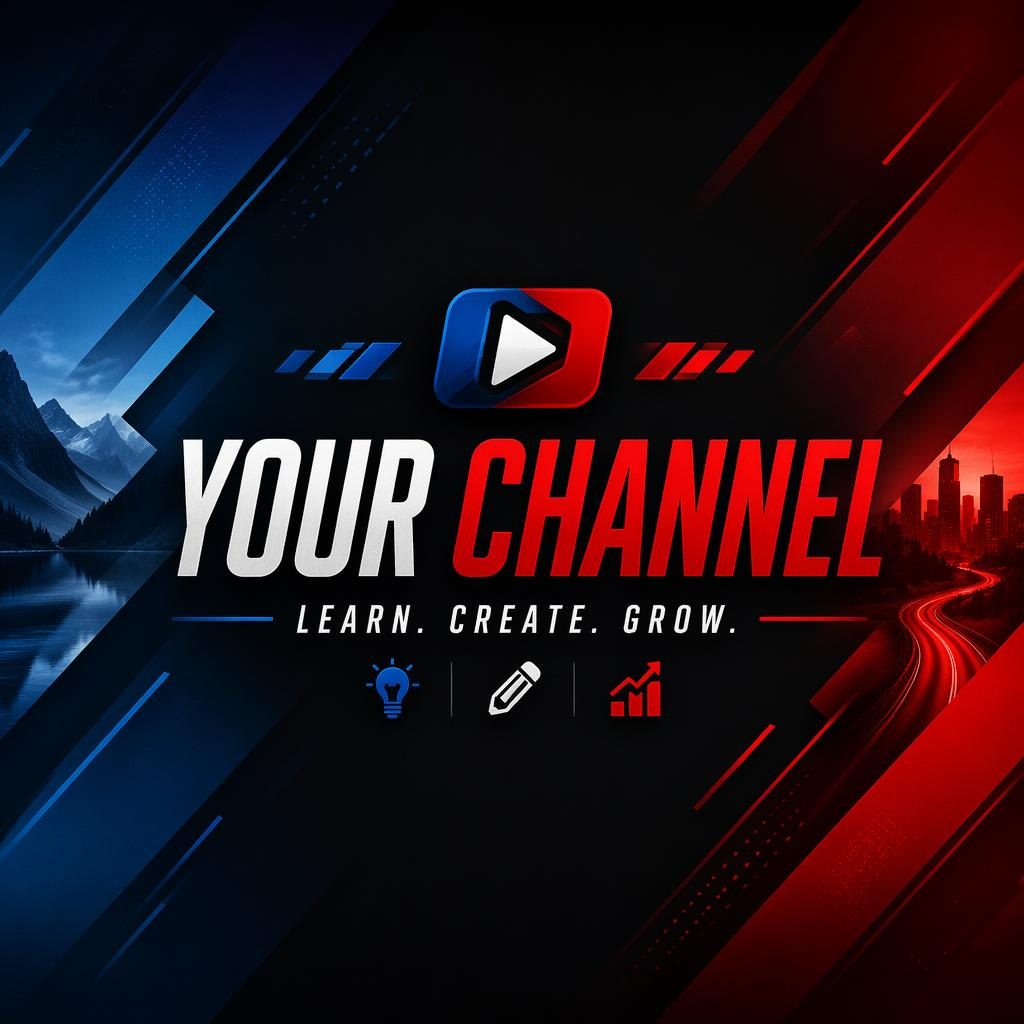 16:9 social cover banner with centered brand name and tagline placeholders, bold high-contrast colors, and safe-zone layout
