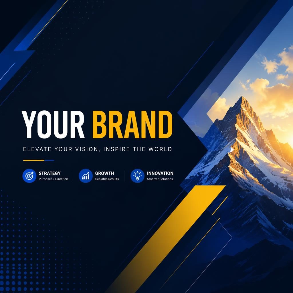 High-contrast social cover banner with centered brand placeholder text, bold palette, and safe-zone layout for platform crops.