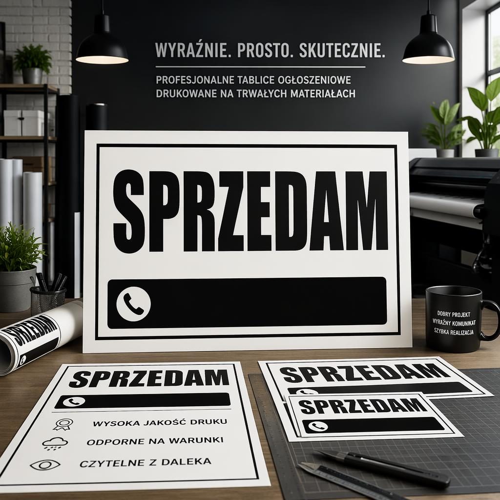 Fotorealistyczny baner okładkowy z napisem SPRZEDAM, czarno-białymi plakatami i biurkiem studia projektowego.