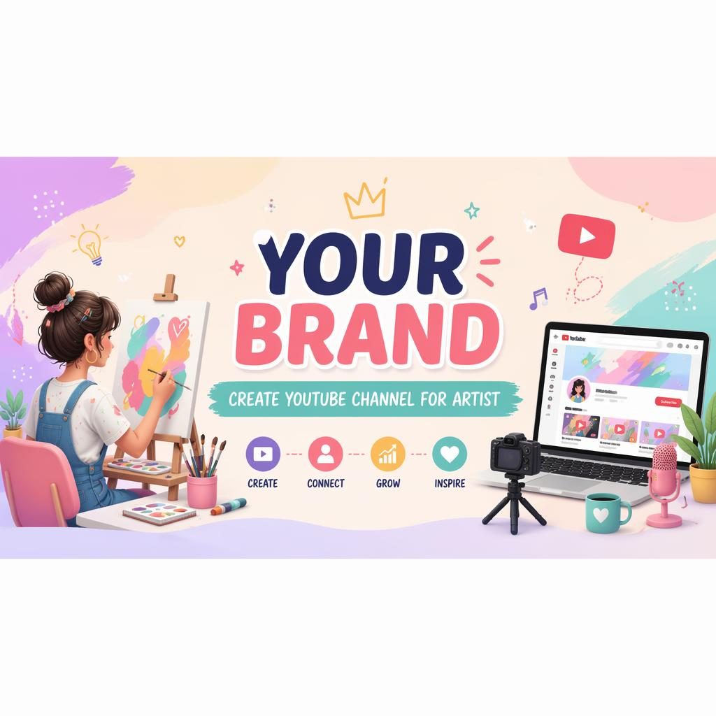 Playful pastel 16:9 social cover banner with centered brand placeholder text, artist-themed illustration, and safe-zone layout.
