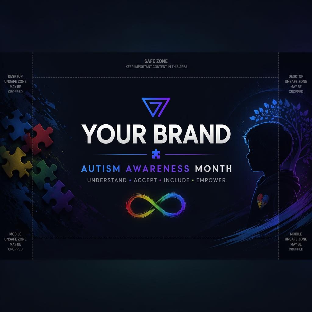 Dark moody social cover banner with centered placeholder brand name and tagline, designed for Twitch and Facebook safe zones