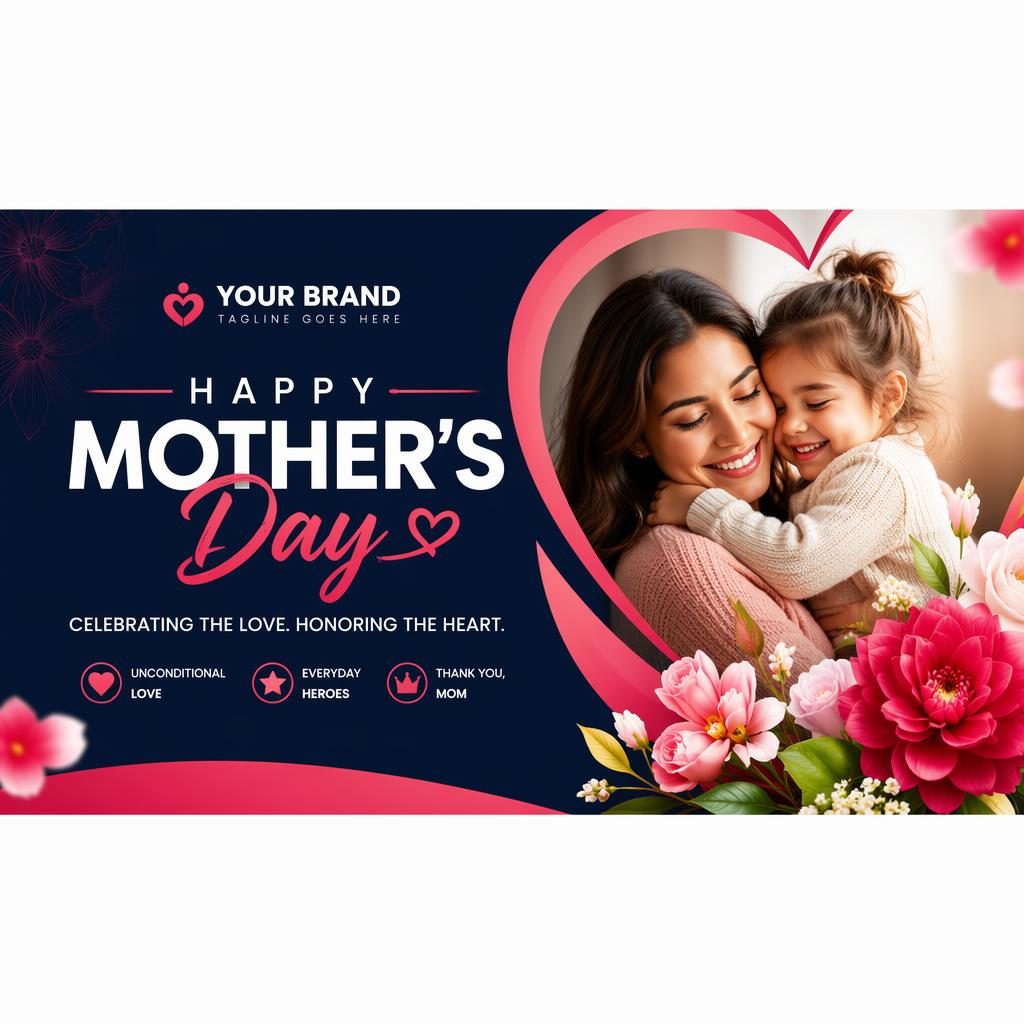 Bold multi-platform social cover banner with floral accents, centered placeholder branding, and a high-contrast palette.