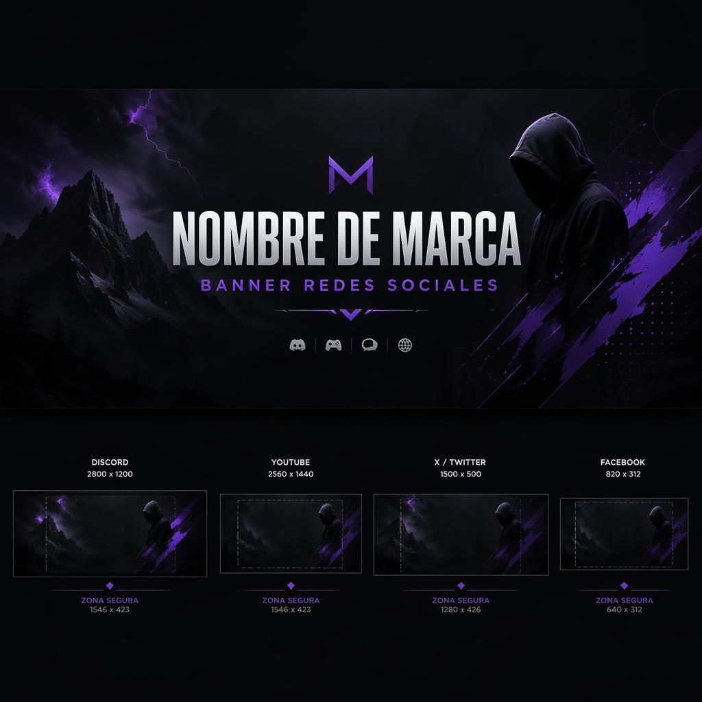 Banner ilustrado oscuro para redes sociales con tipografía de marca de marcador, jerarquía visual clara y centro seguro