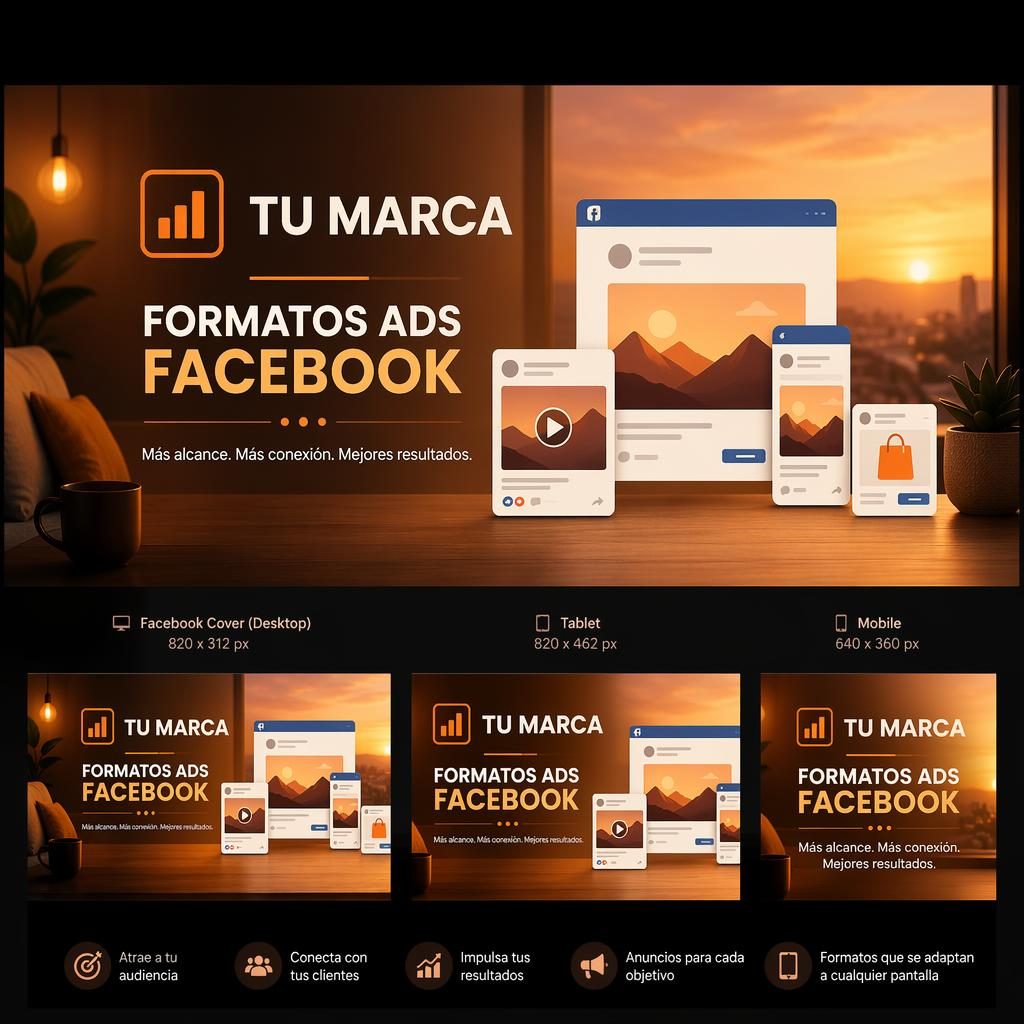 Banner de portada para Facebook con diseño cálido al atardecer, jerarquía visual centrada y tipografía de marca de relleno.