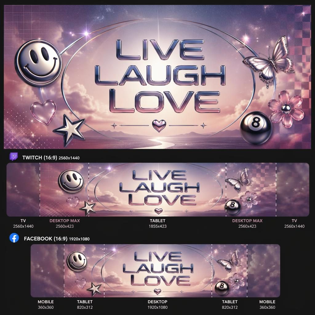 Retro Y2K social cover banner with chrome accents, centered placeholder brand text, and safe-zone layout for Twitch and Facebook