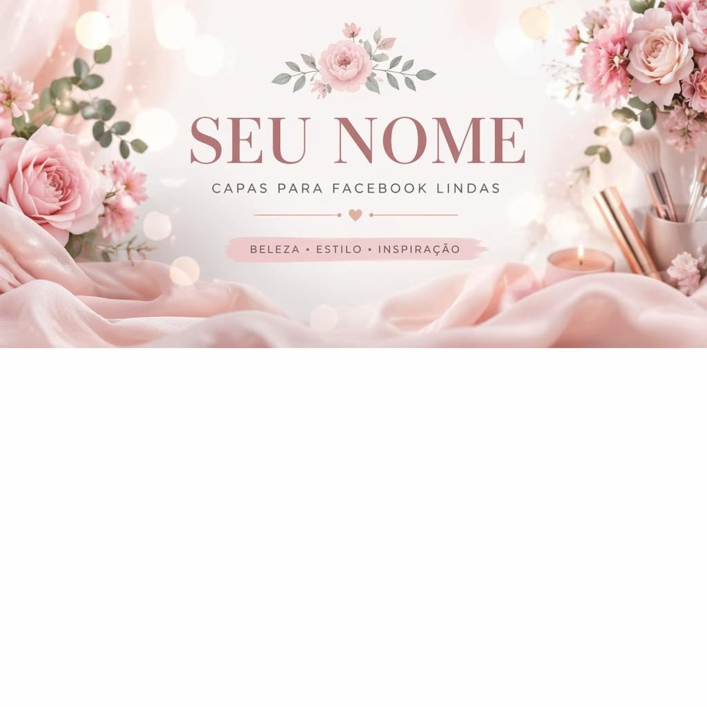 Banner de capa para Facebook com paleta pastel, flores suaves, bokeh leve, tecido delicado e tipografia placeholder centralizada.