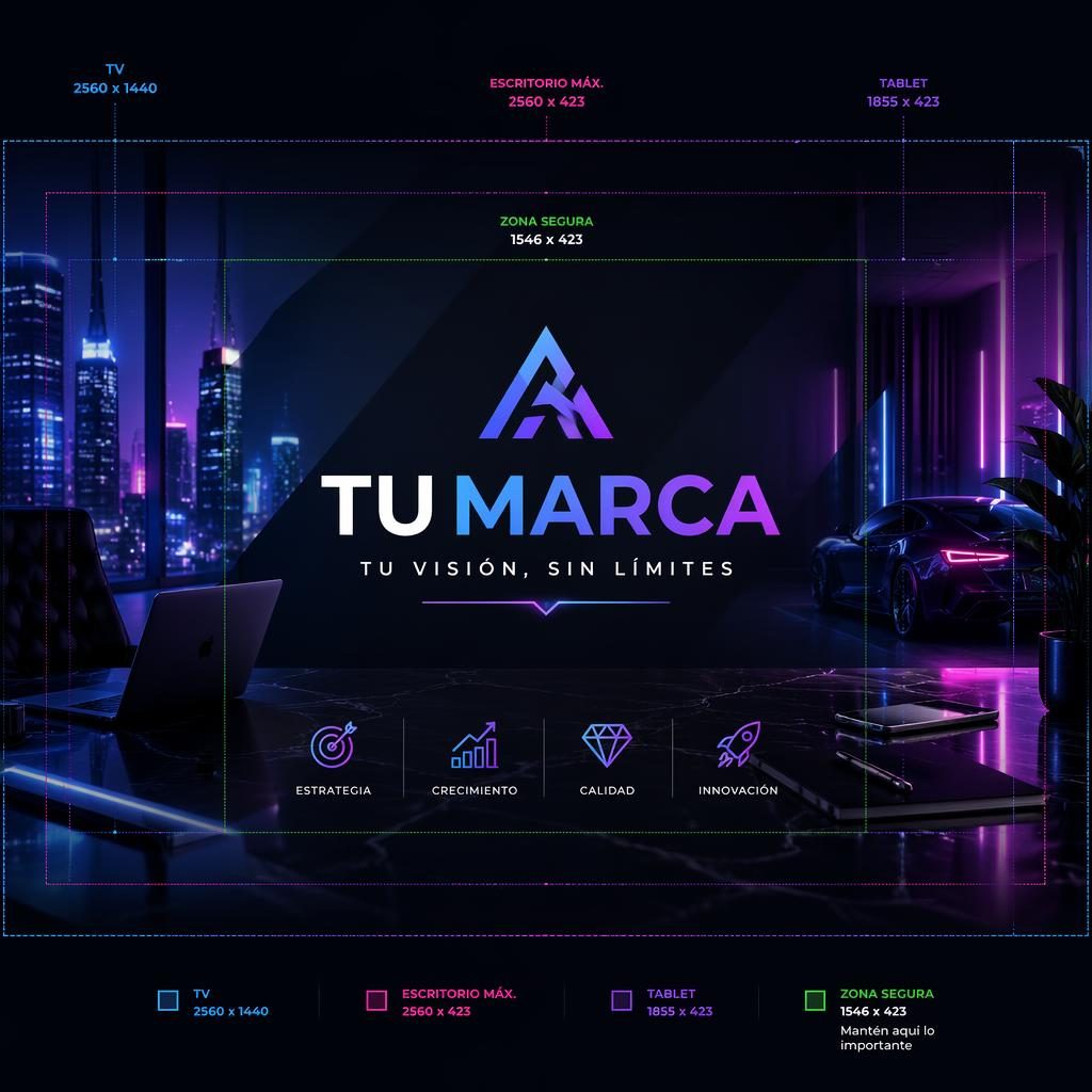 Banner panorámico para redes con estética de lujo en paleta neón, tipografía de marca de relleno centrada y composición segura.