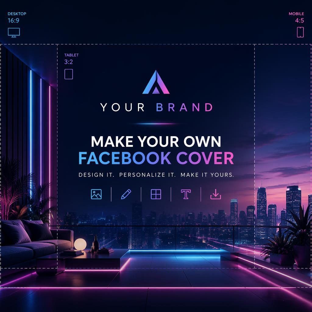 16:9 social cover banner illustration with luxury neon gradients, centered placeholder brand typography, and a clean safe-zone layout