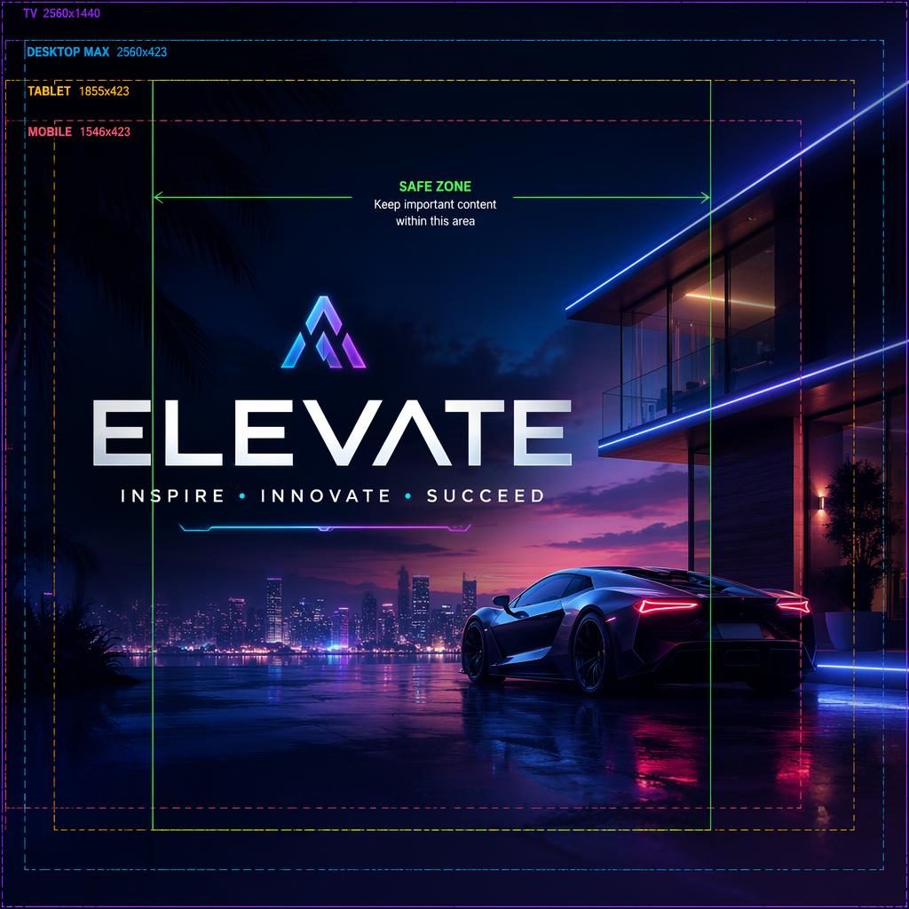 Luxury neon social cover banner with centered placeholder brand name, cool gradient background, and safe-zone layout for crops.