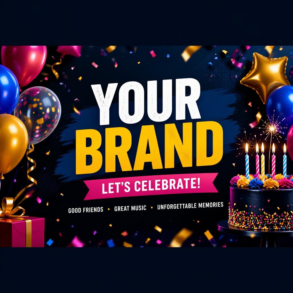 16:9 social cover banner with bold birthday party graphics, centered placeholder brand name and tagline, high-contrast colors