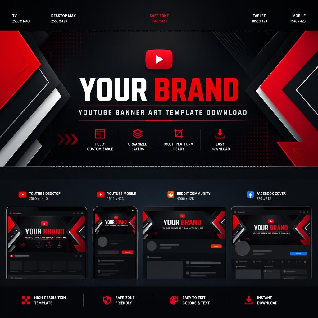 Bold multi-platform social cover banner with centered placeholder brand text, high-contrast colors, and safe-zone layout.