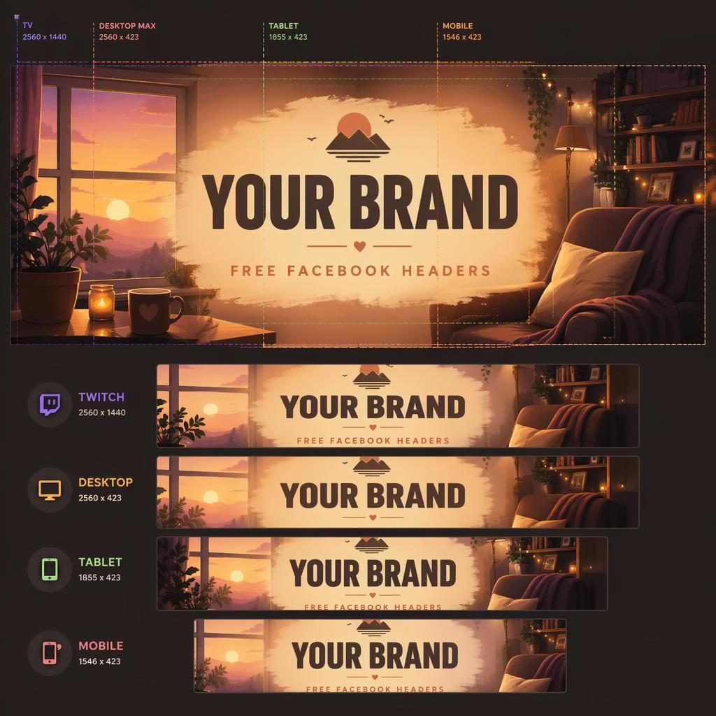 Illustrated multi-platform social cover banner with centered placeholder brand name and tagline, warm cozy sunset colors.
