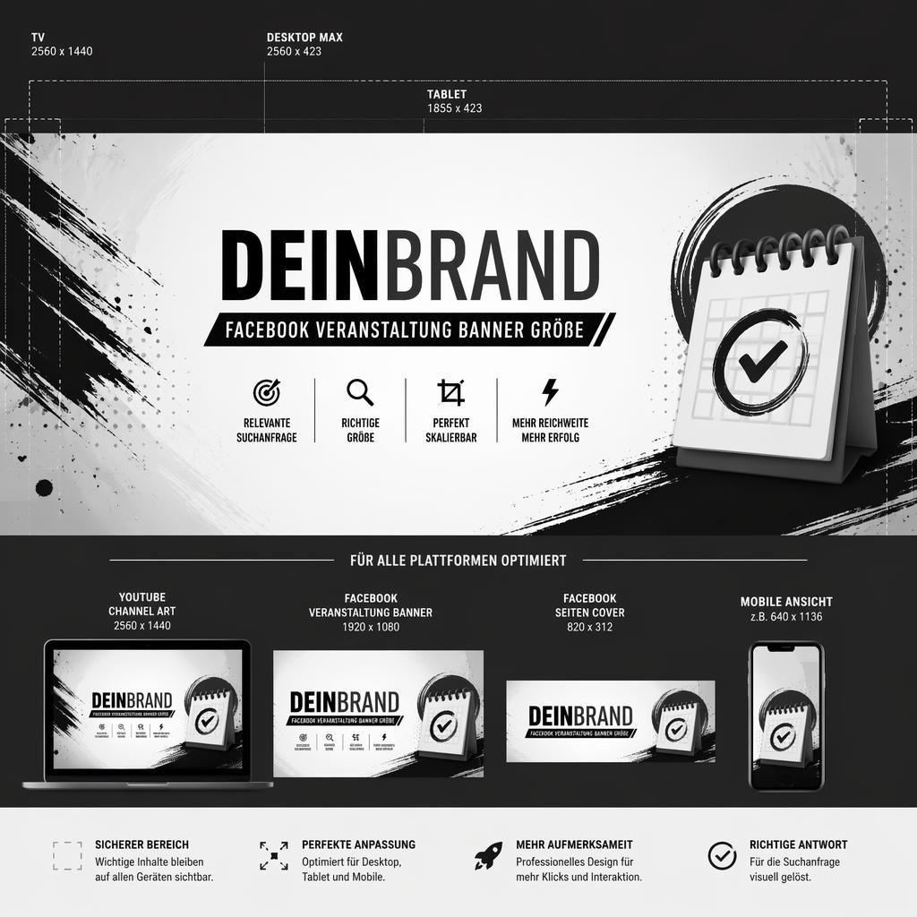 Minimalistisches monochromes Social-Cover-Banner mit Platzhalter-Branding, klarer Typo-Hierarchie und zentraler Safe-Zone.