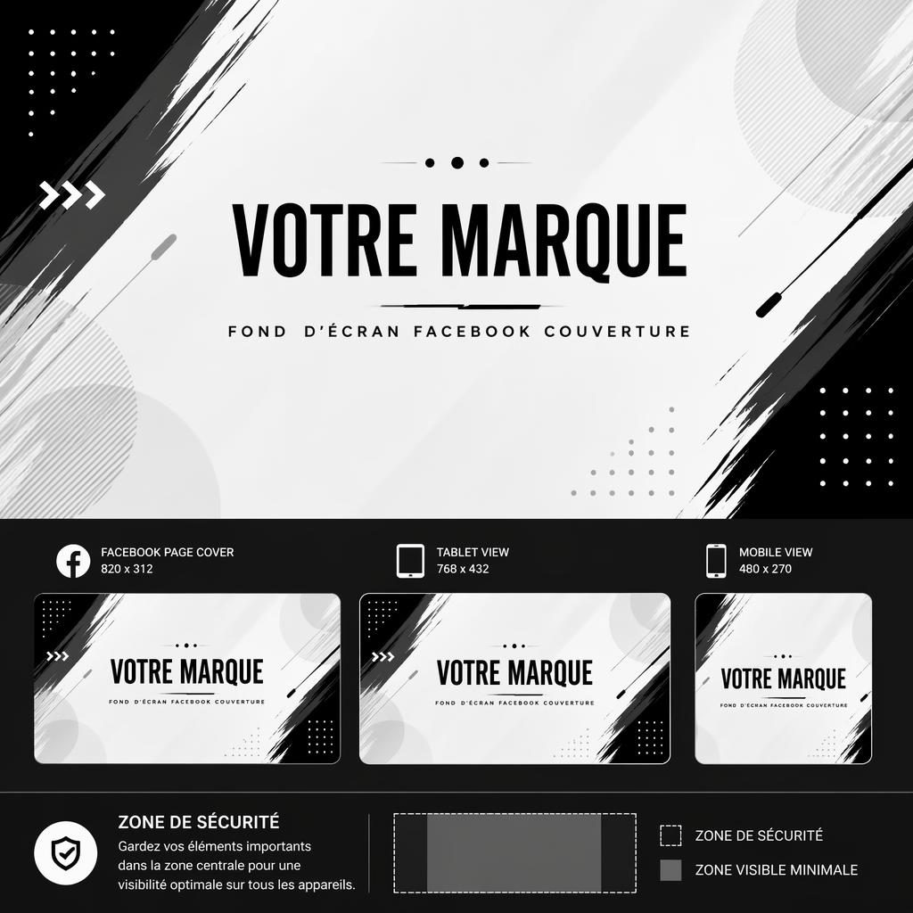 Bannière de couverture Facebook monochrome avec typographie fictive centrale, composition minimaliste et zone sûre bien visible.
