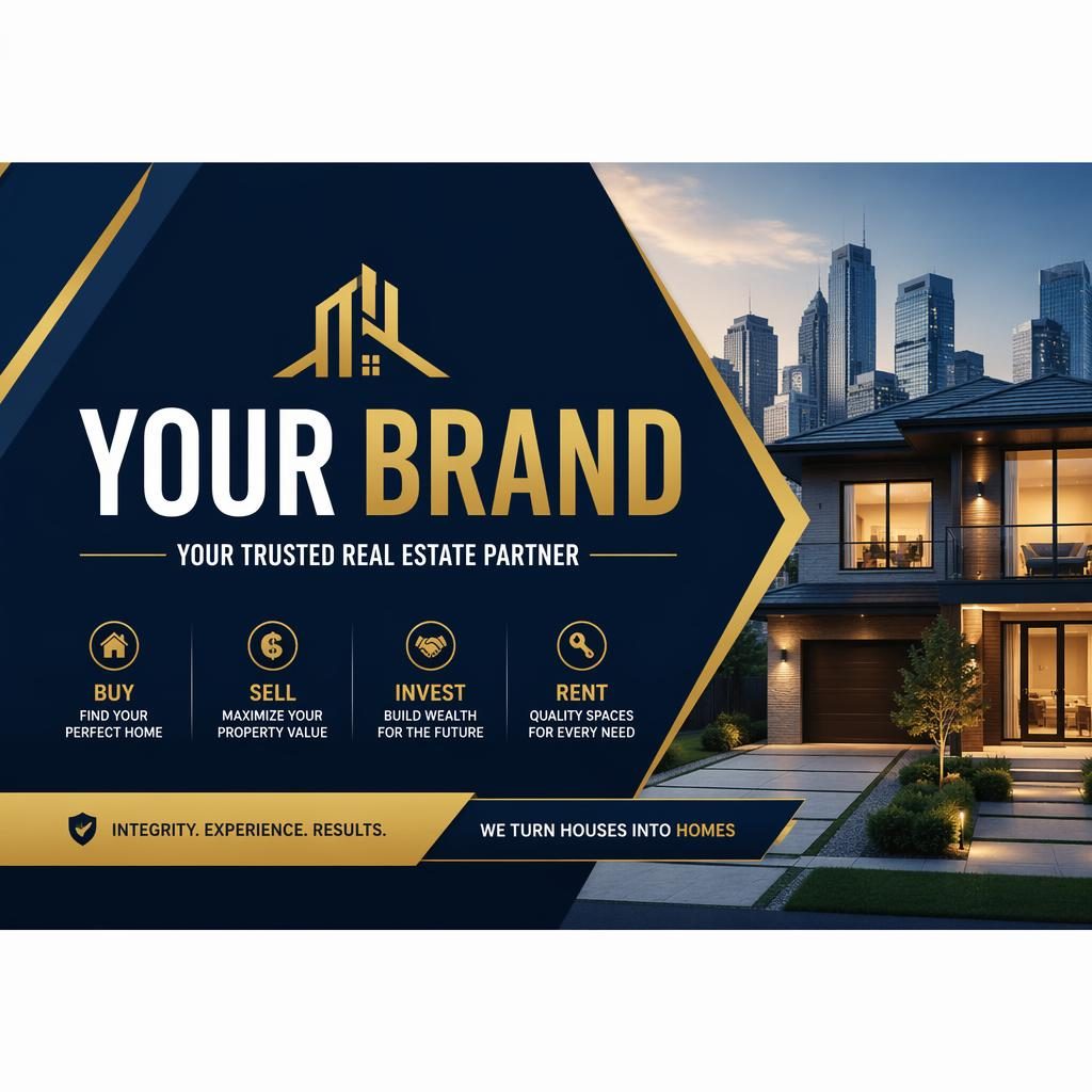 Professional real estate social cover banner with bold high-contrast layout, centered placeholder brand text, and crop-safe design.