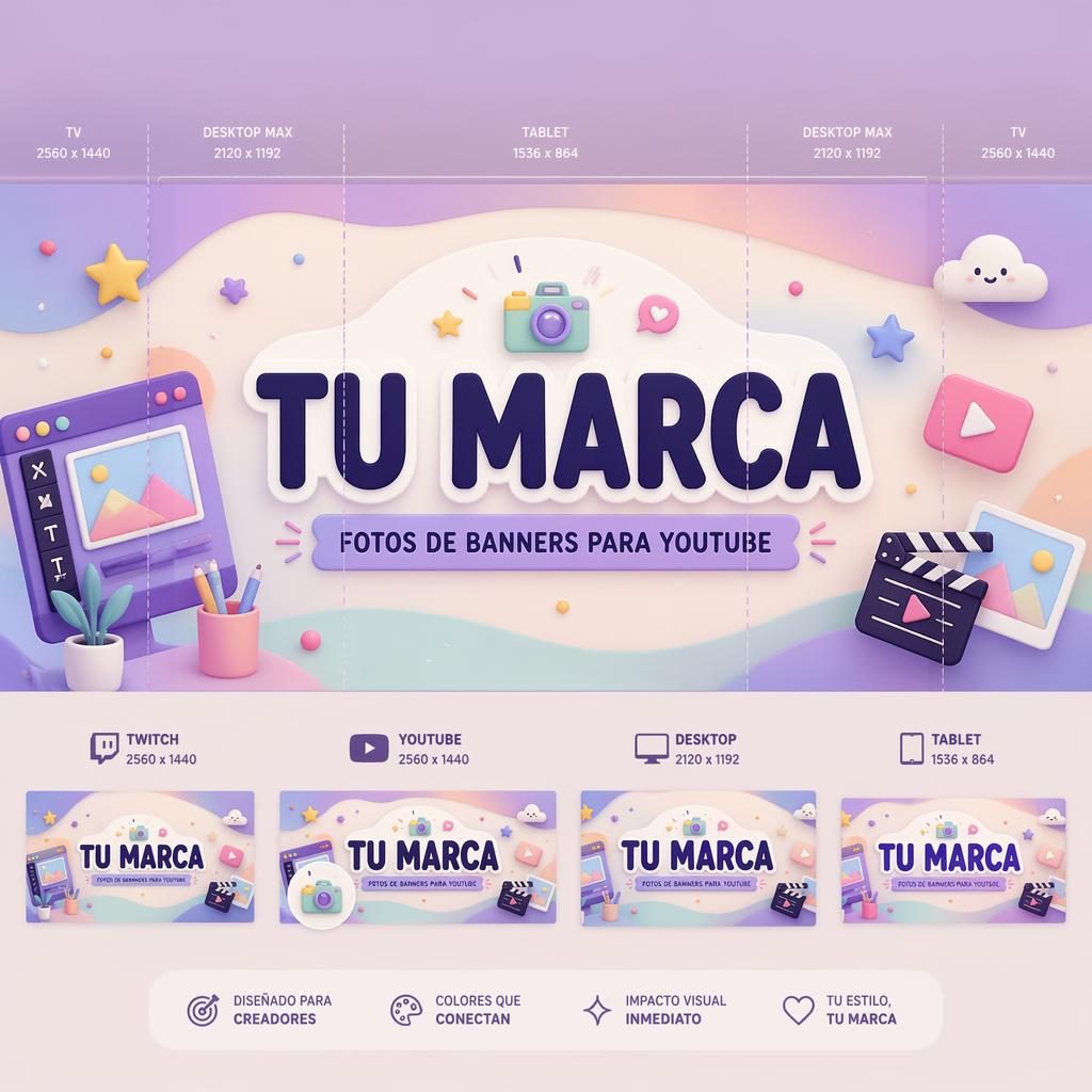 Banner ilustrado para Twitch y YouTube con paleta pastel, tipografía de marcador de posición centrada y diseño multiformato.