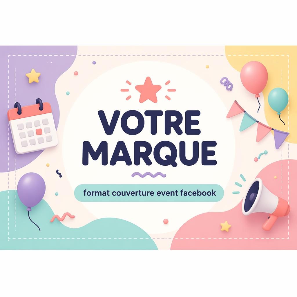 Bannière illustrée pastel et ludique, avec hiérarchie visuelle centrale, nom de marque fictif et zone sûre multi-format.