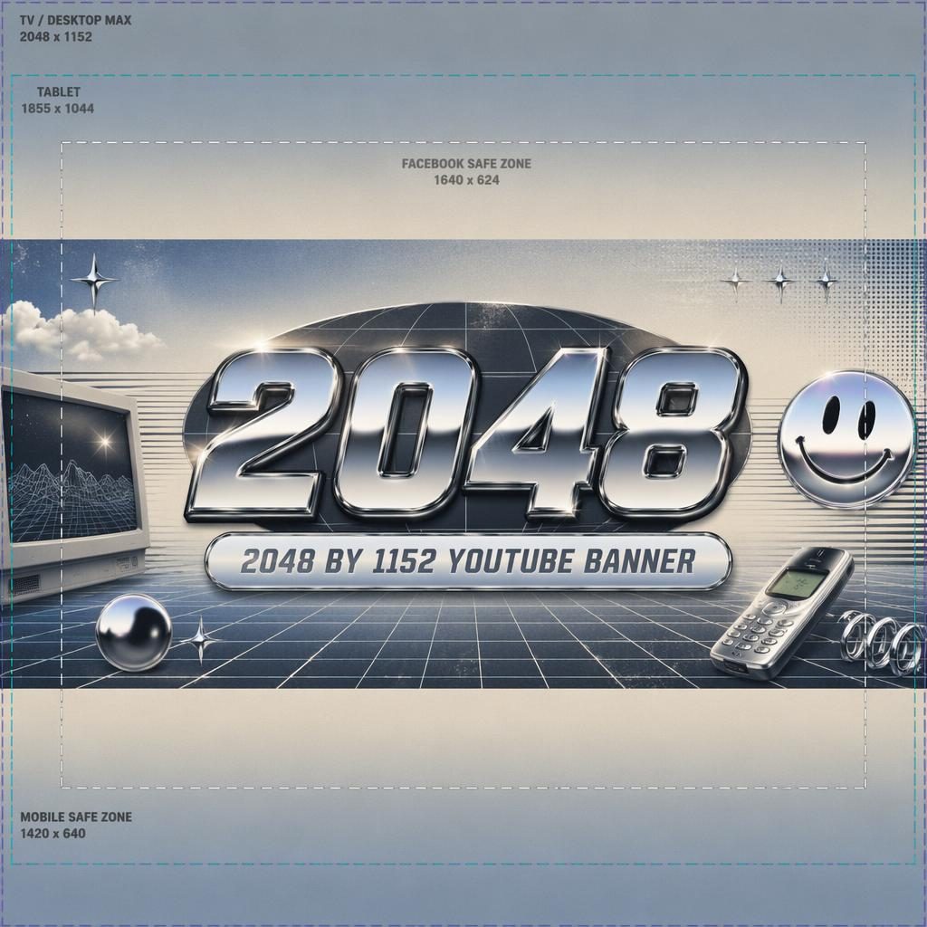 Vintage retro social cover banner with y2k chrome palette, centered placeholder brand name and tagline, designed for safe crops.