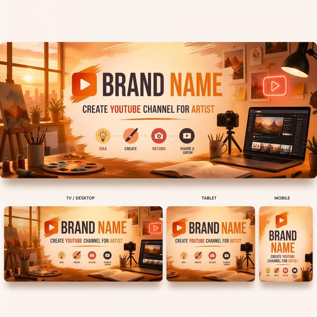 Warm sunset social cover banner with centered artist branding placeholder, cozy illustration layout, and safe-zone spacing.