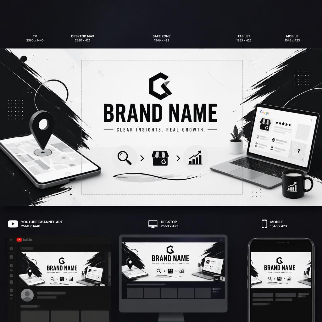 Minimal monochrome social cover banner with centered placeholder brand name, tagline layout, and safe zone guides for multi-platform crops.