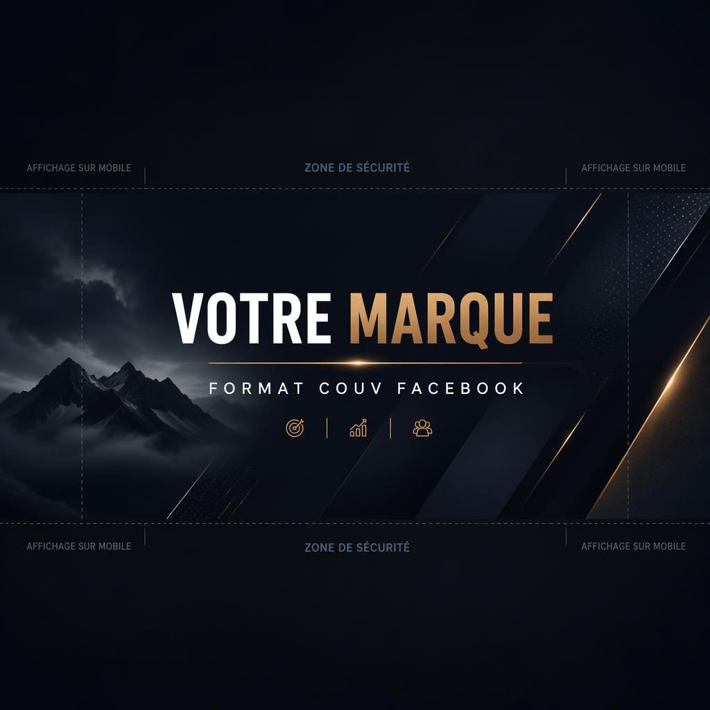 Bannière de couverture Facebook sombre avec palette dark mode, hiérarchie visuelle forte et typographie de marque centrée.
