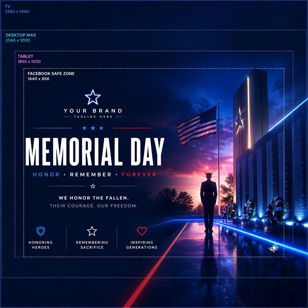 Illustrated Facebook cover banner with luxury neon palette, centered placeholder brand name and tagline, and balanced safe-zone layout.