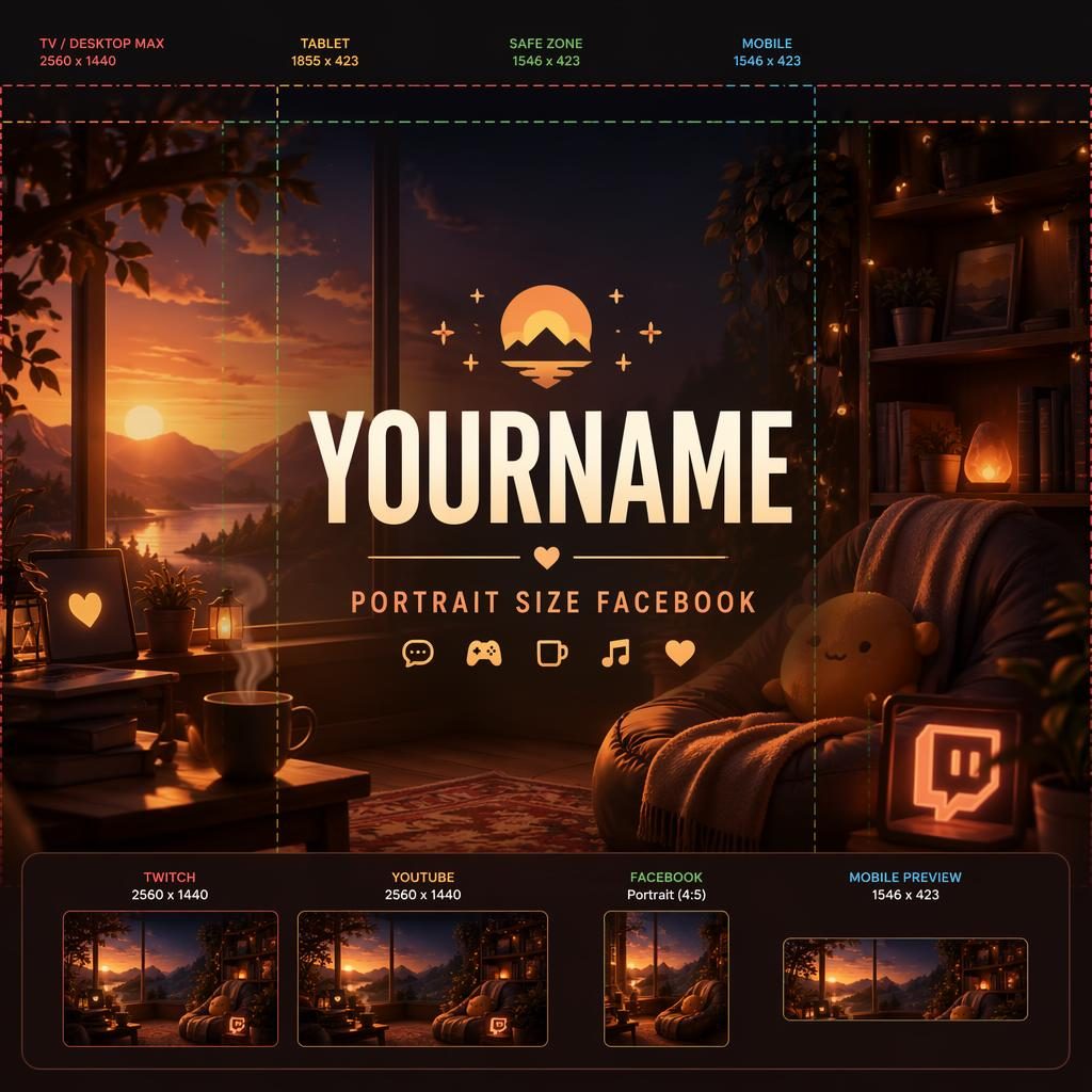Warm cozy social cover banner with sunset tones, centered brand name and tagline placeholders, sized for portrait size facebook and Twitch.