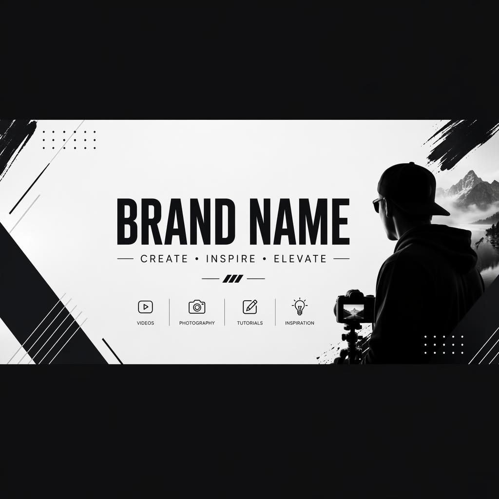 Minimal monochrome social cover banner with bold centered brand name, tagline placeholder text, and safe-zone layout.