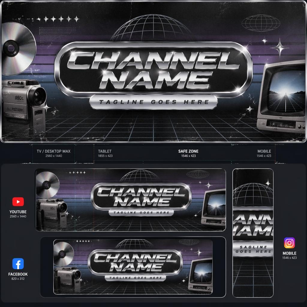 Retro Y2K chrome social cover banner with centered brand name placeholder, tagline layout, and safe-zone composition.