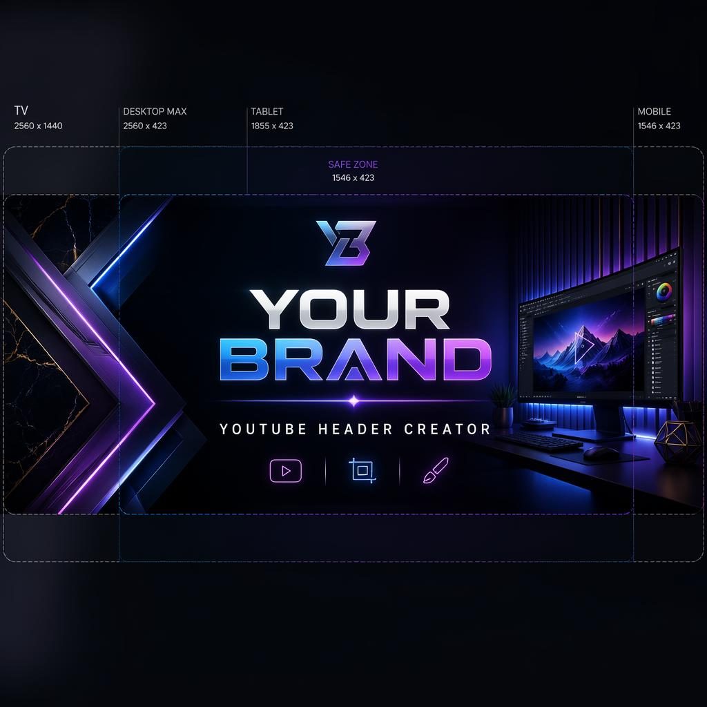 Luxury neon social cover banner illustration with centered placeholder brand name and tagline, designed for TikTok and YouTube safe zones.