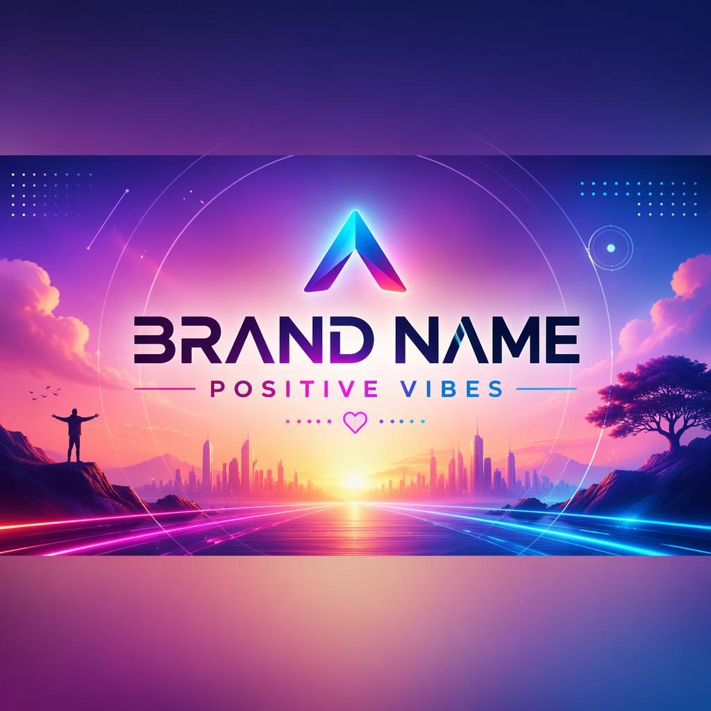 Futuristic social cover banner with vibrant gradients, centered brand name placeholder, tagline layout, and safe crop zones.