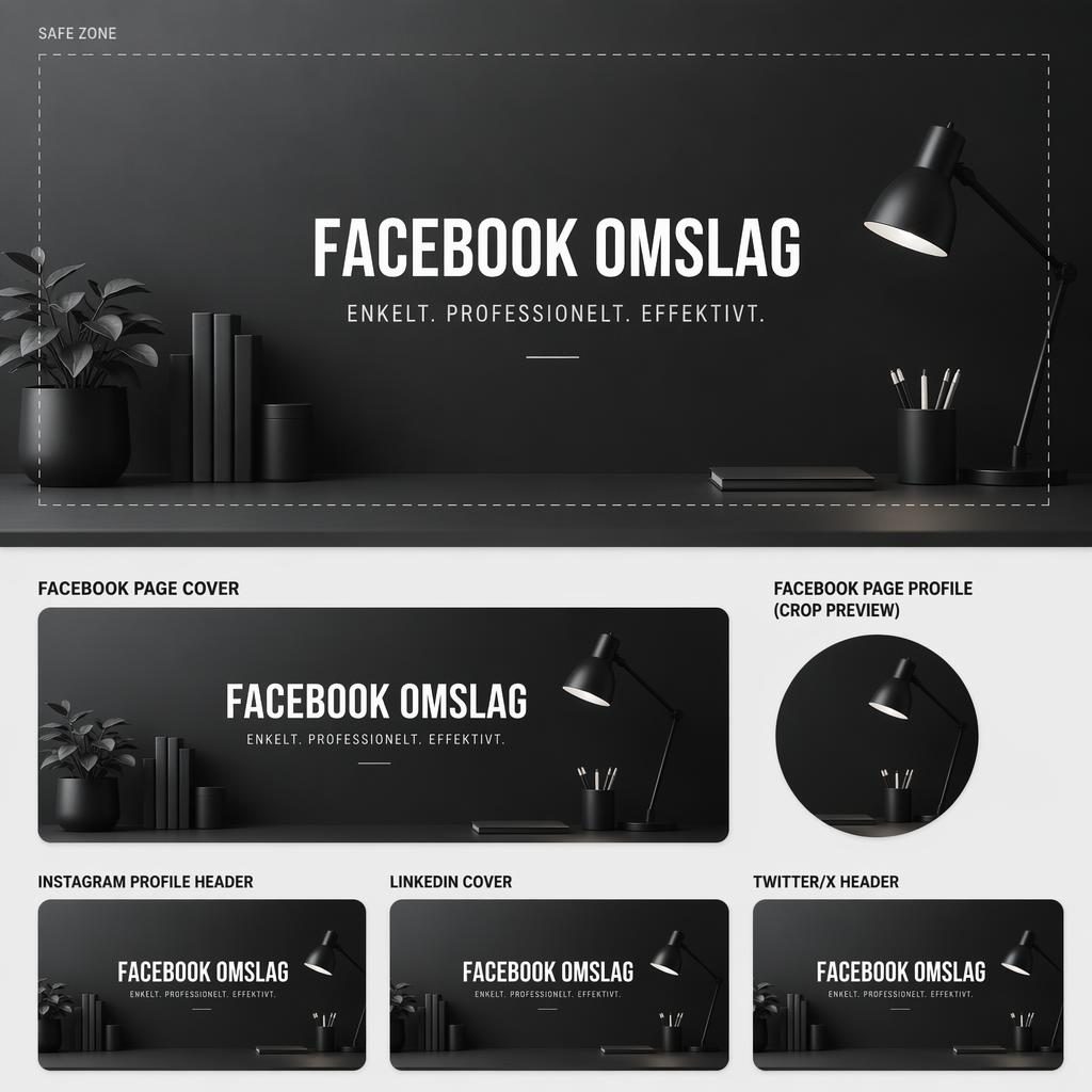 Minimalistische monochrome social cover banner met centrale tekst Facebook Omslag en korte tagline in studioverlichting.