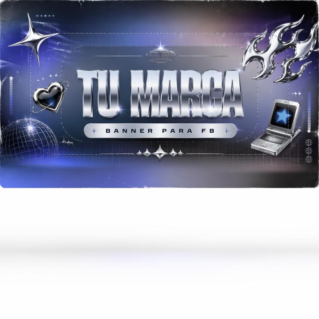 Banner horizontal 16:9 estilo retro Y2K con paleta cromada, tipografía de marca centrada y composición segura para recortes.